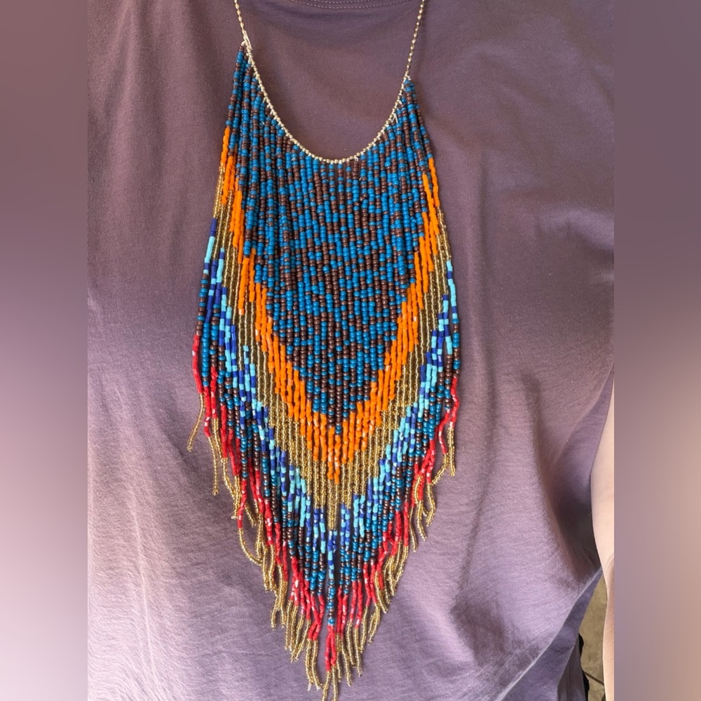 Handmade One Of A Kind Beaded Fringe Bib Necklace Blue Orange Colorful
